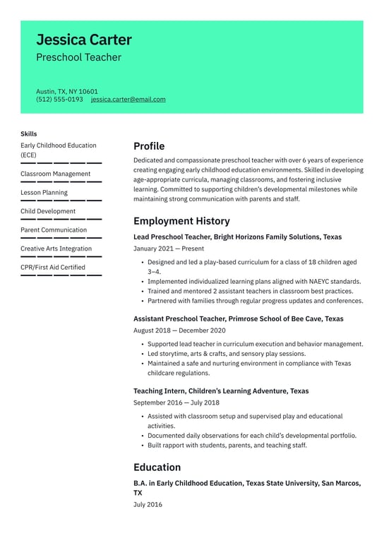Preschool teacher  resume examples & templates
